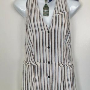 Free People Linen Fitted Sleeveless Vest One-Piece Striped Jumpsuit Size 6